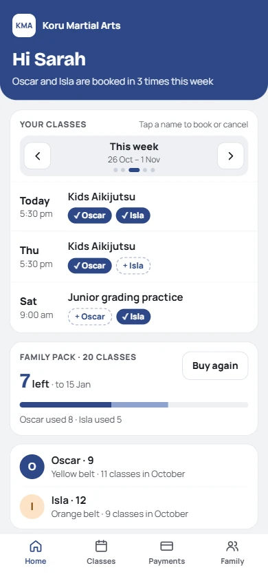 A parent's page: this week's classes with a name tag for each child, their family pack with classes left, and each child's belt.